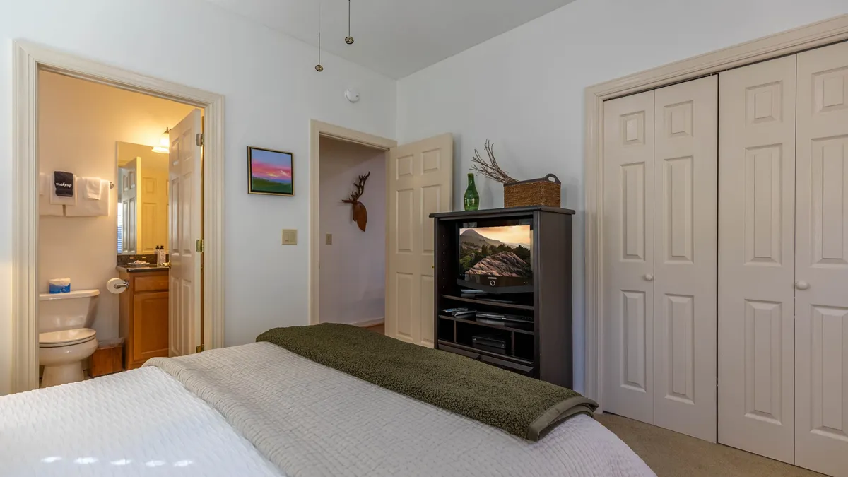 A plush king-sized bed adorned with a green throw blanket sits centrally in a spacious primary suite. Large windows illuminate the room, offering glimpses of the mountains beyond. A wall-mounted television and tasteful artwork create a serene, personal retreat atmosphere, while the bathroom door hints at an en suite spa experience.